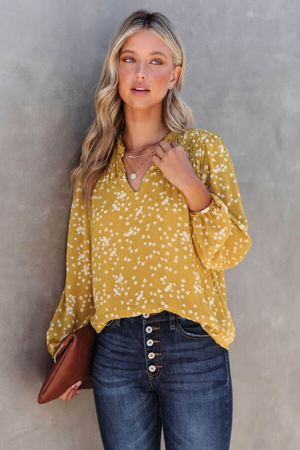 Yellow Split Neck Fall Printed Crinkled Blouse