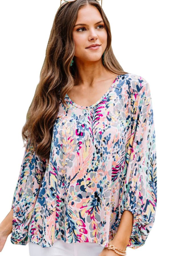 Blue Floral Print Puffy Sleeve Loose Blouse