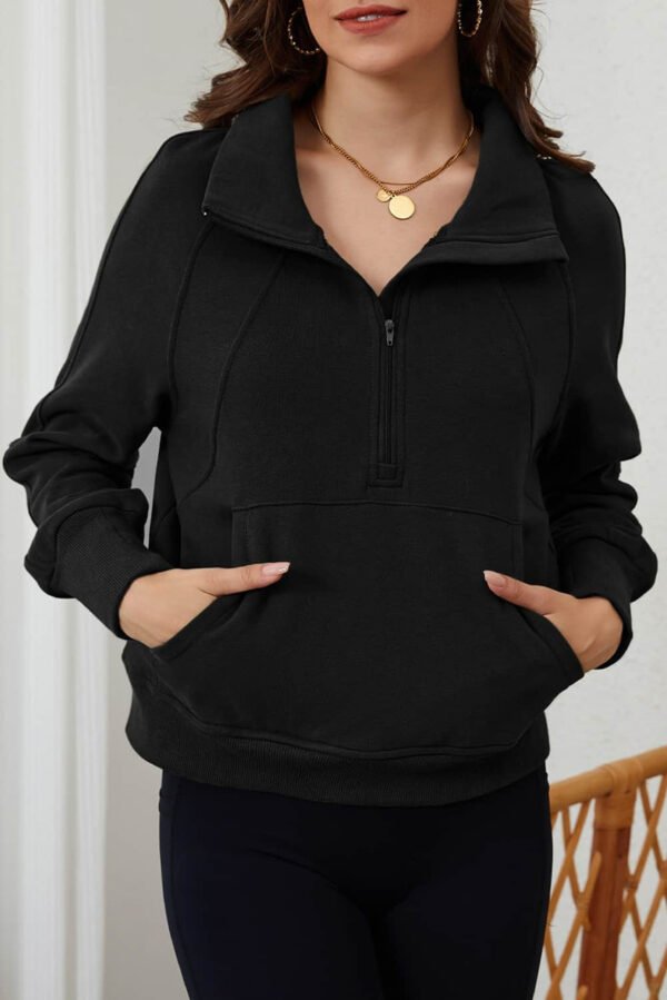 Black Zip Up Stand Collar Ribbed Thumbhole Sleeve Sweatshirt