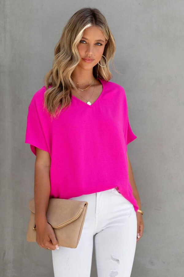 Rose Solid V Neck Short Sleeve Blouse