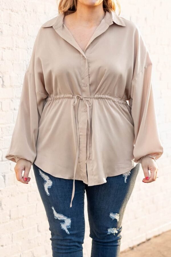 Light French Beige Plus Size Puff Sleeve Tied Tunic Shirt