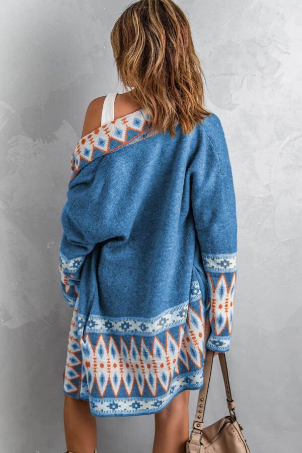 Blue Aztec Print Open Front Knitted Cardigan