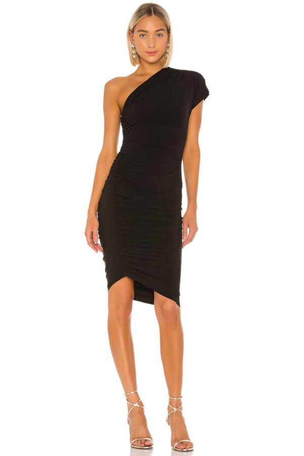 Black One-shoulder Short Sleeve Ruched Bodycon Dress