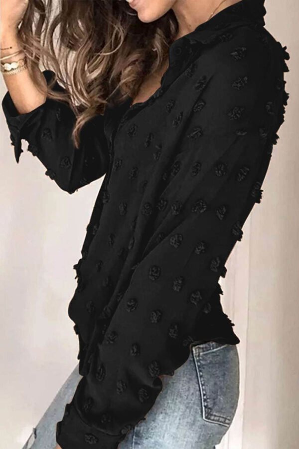 Black Long Sleeve Button Fuzzy Polka Dot Shirt