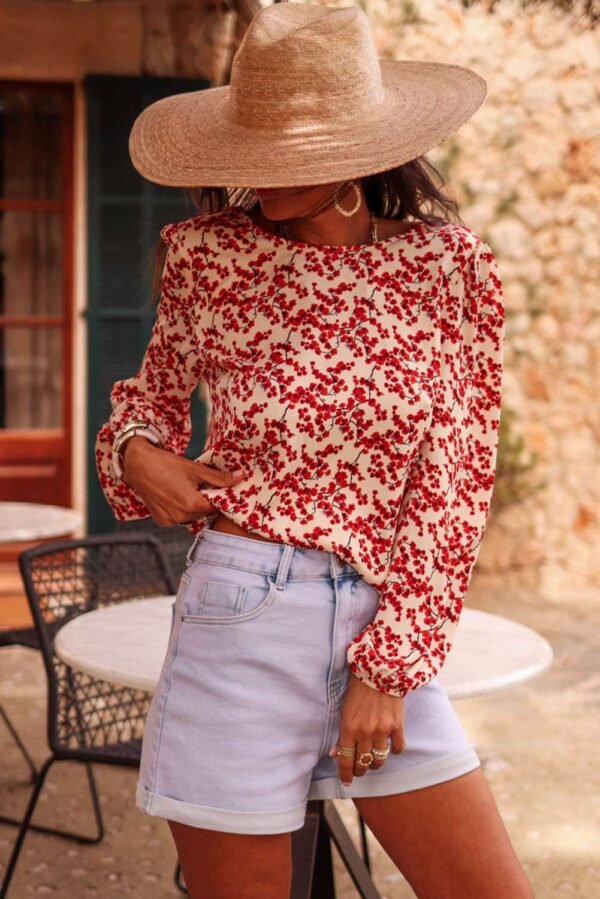 Red Floral Print Long Sleeve Open Back Blouse