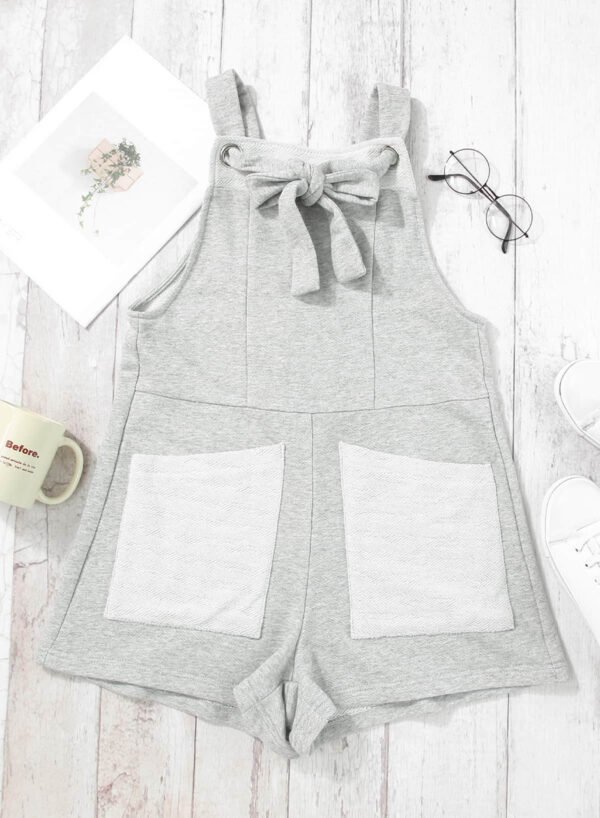 Light Grey Knotted Straps Patch Pockets Terry Knit Romper