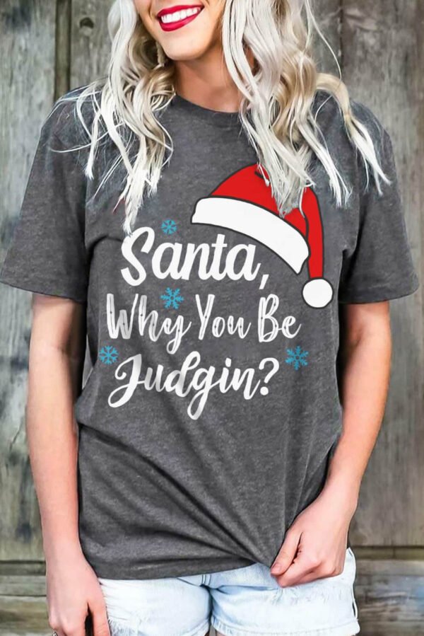 Gray Christmas Santa Hat Snowflake Letter Print Graphic Tee