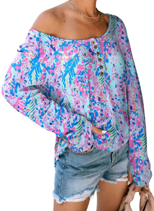 Multicolor Printed Wide Neck Thumbhole Sleeve Henley Top