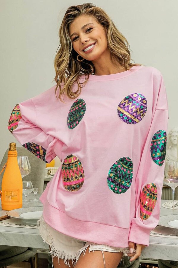 Pink Sequined Easter Egg Drop Shoulder Oversized Sweatshirt