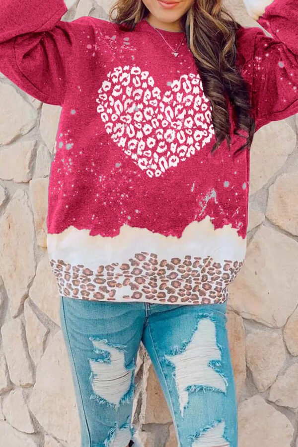 Red Leopard Bleached Heart Graphic Pullover Sweatshirt