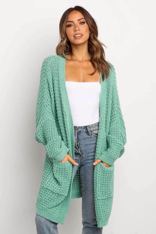 Green Long Line Open Front Knitted Cardigan with Pockets