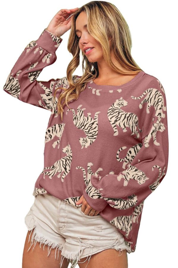 Rose Red Lively Tiger Print Casual Sweatshirt