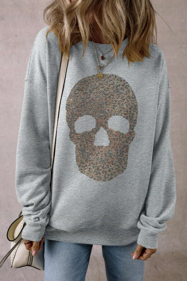 Light Grey Rhinestone Skull Graphic Drop Shoulder Sweatshirt