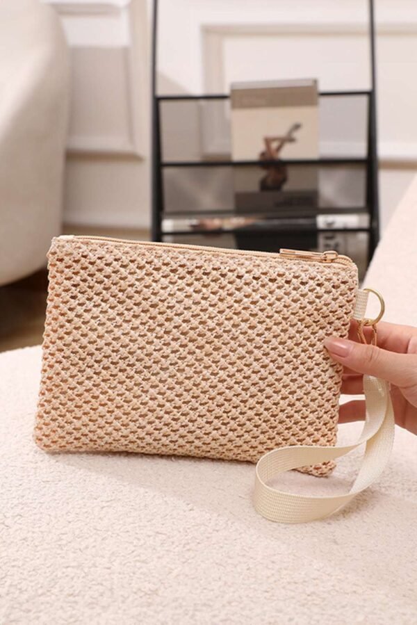 Beige Woven Zipper Wrist Strap Square Handbag