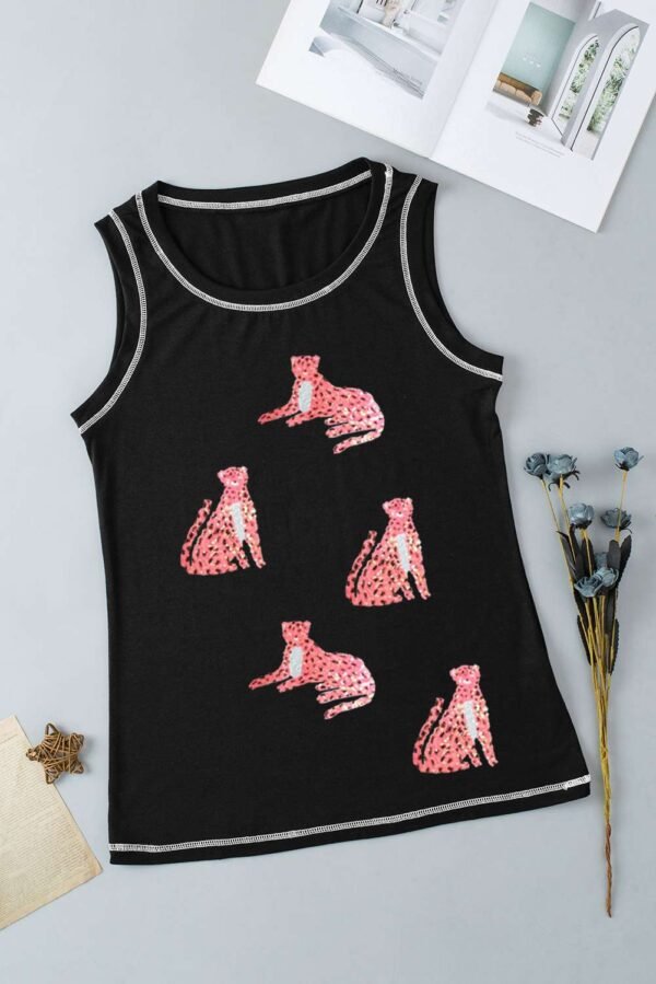 Black Sequin Cheetah Round Neck Stitching Loose Tank Top