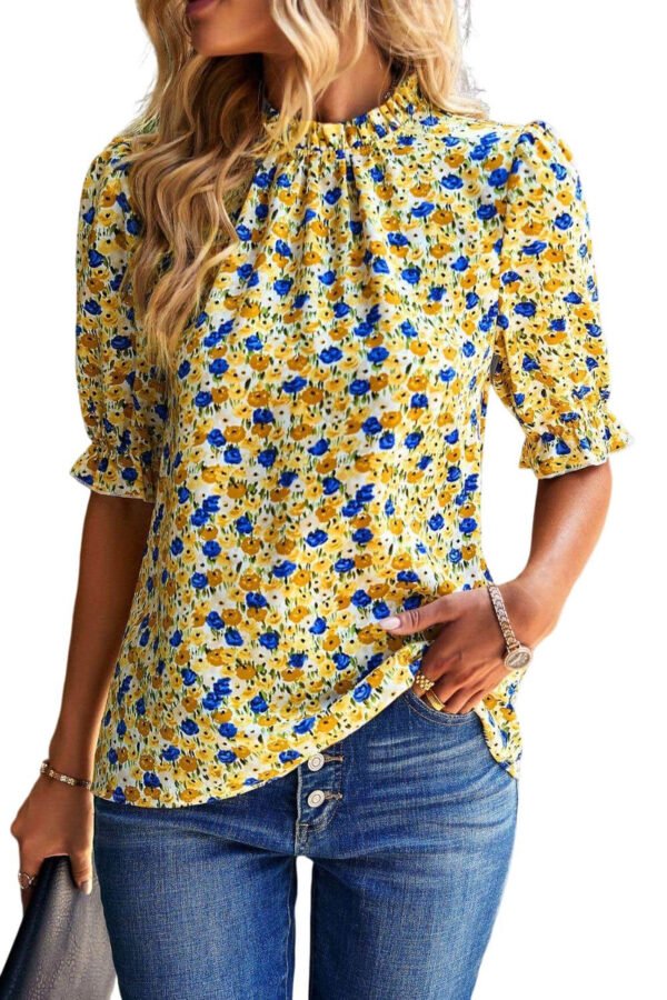 Yellow Boho Floral Ruffle Short Sleeve Frill Mock Neck Blouse