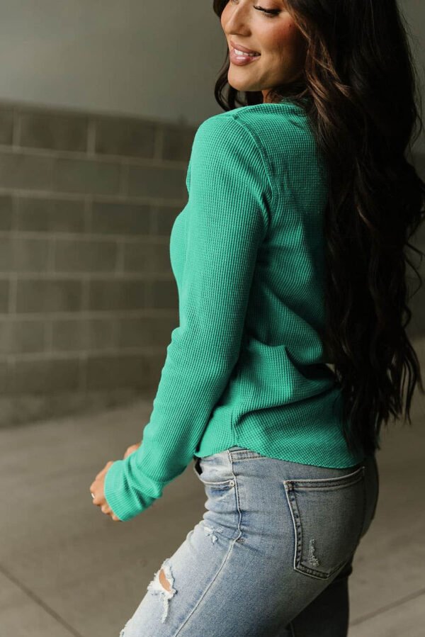 Green Trimmed Neckline Waffle Knit Henley Top