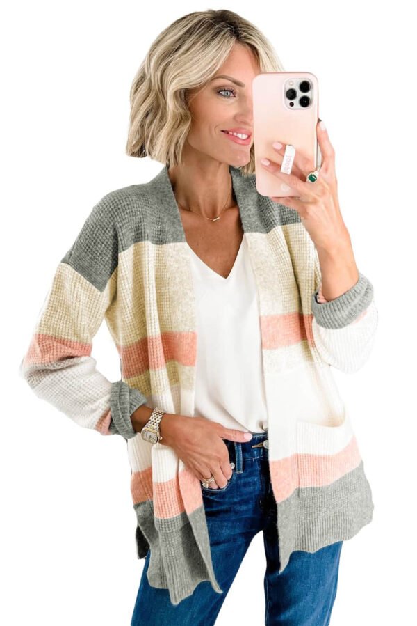 Multicolor Color Block Striped Pocketed Open Cardigan