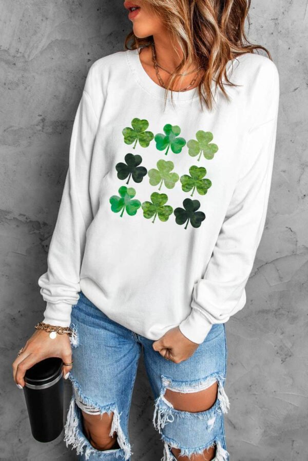 White St. Patrick’s Day Clover Print Long Sleeve Sweatshirt