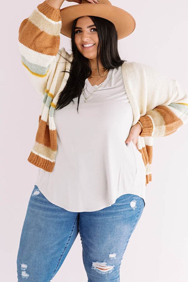 Beige Plus Size Striped Print Open Front Cardigan