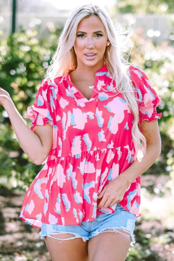 Rose Abstract Print Smocked Puff Sleeve V Neck Blouse