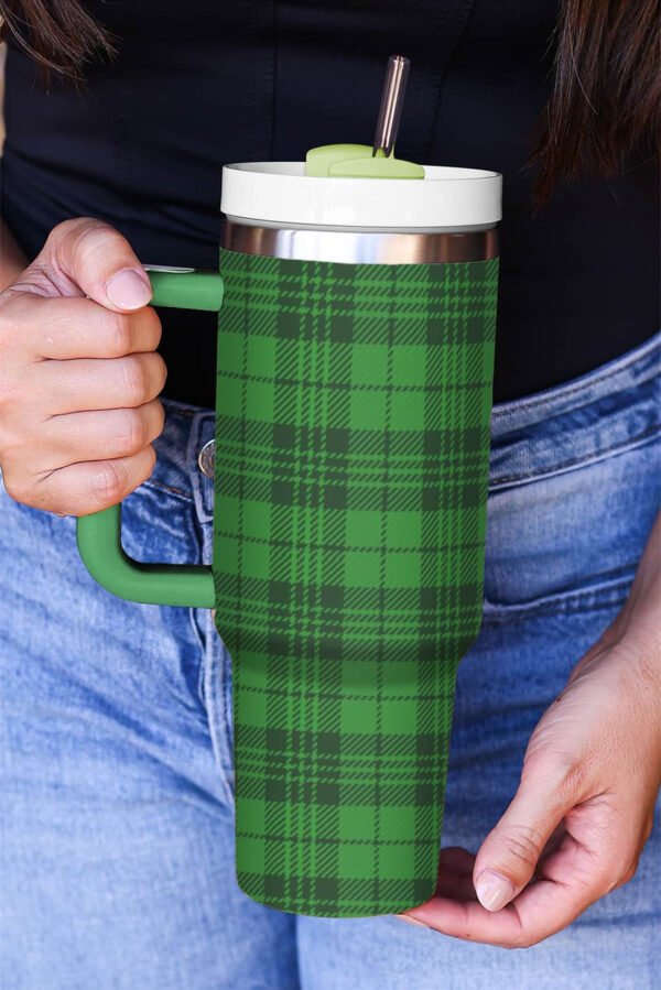 Dark Green Plaid Print Handle Stainless Vacuum Cup 1200ML