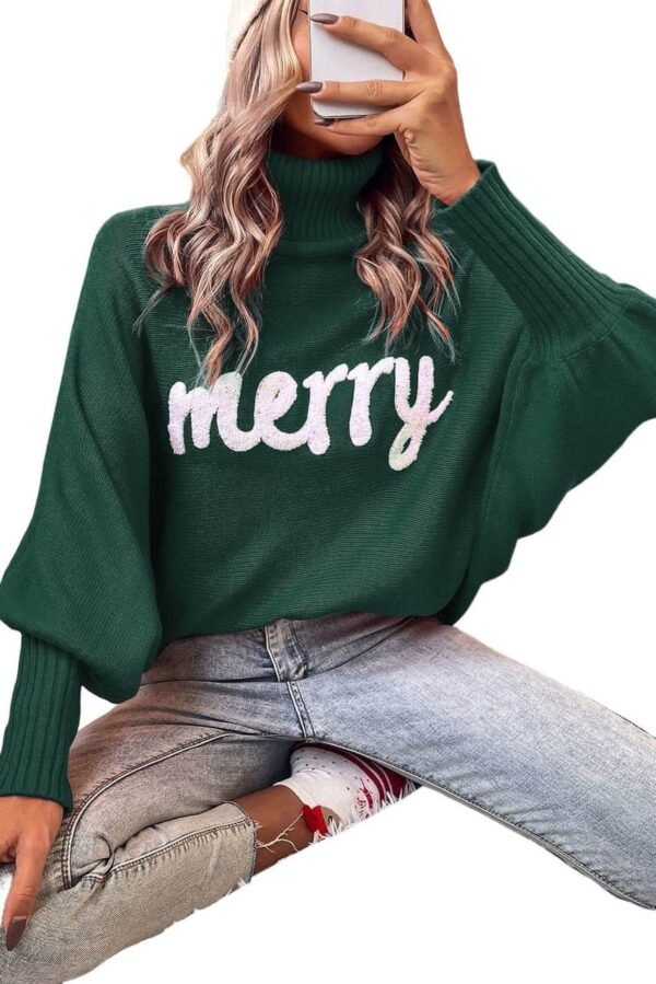 Blackish Green Merry Letter Embroidered High Neck Sweater