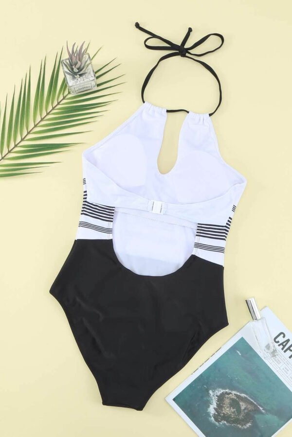 Halter Neck Striped Backless One-piece Swimwear