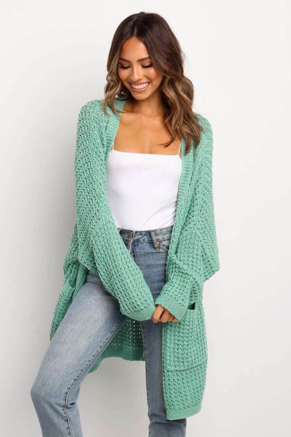 Green Long Line Open Front Knitted Cardigan with Pockets