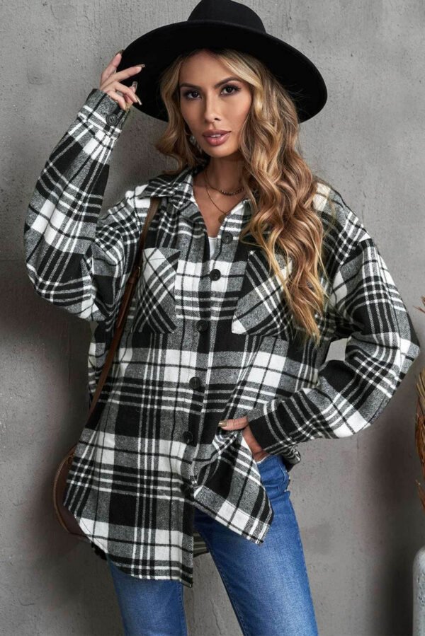 Black Grid Print Boyfriend Shirt Coat