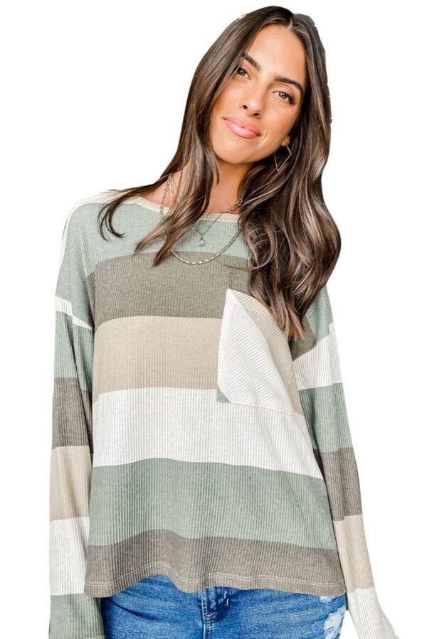 Green Color Block Ribbed Long Sleeve Top with Pocket