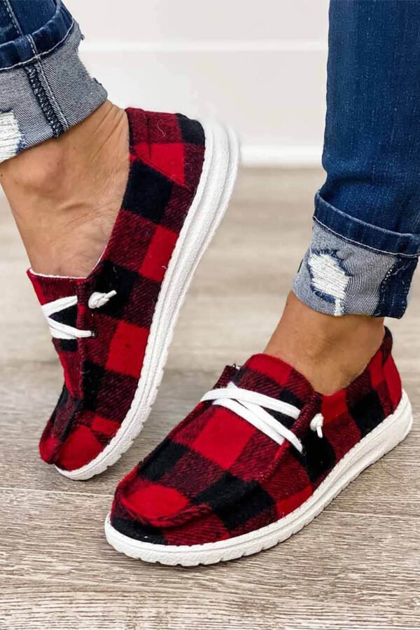 Red Vintage Plaid Lacing Decor Flat Shoes