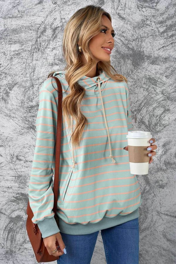 Green Striped Turtleneck Hoodie with Pocket