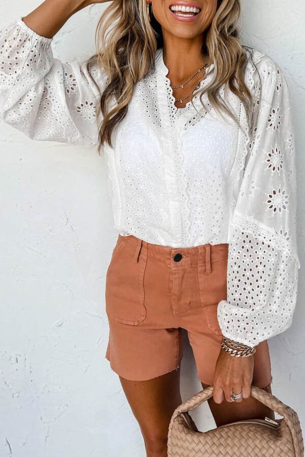 White Eyelet Lace Puff Sleeve Split Neck Blouse