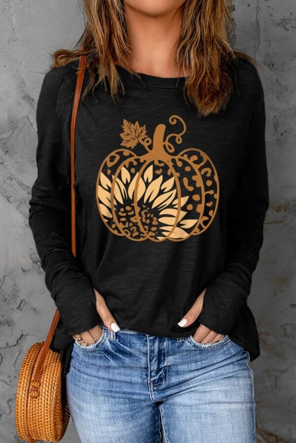 Black Sunflower Pumpkin Graphic Thumbhole Sleeve Top