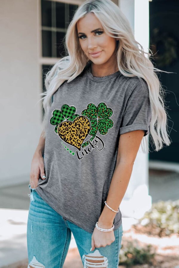 Gray Leopard Plaid Heart Clover Graphic Print Short Sleeve T Shirt