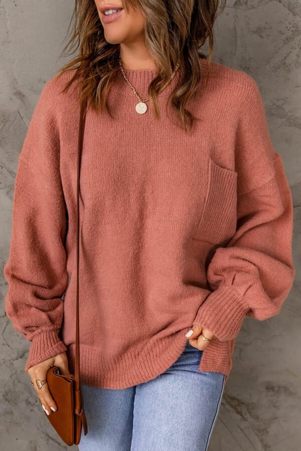 Solid Color Puffy Sleeve Pocketed Sweater