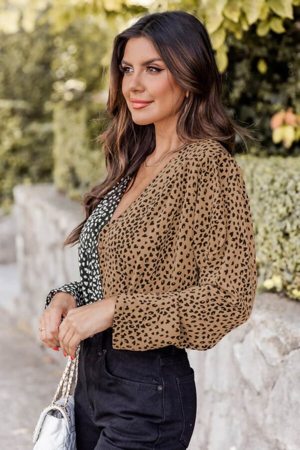 Spliced Leopard Print Wrap Long Sleeve Bodysuit