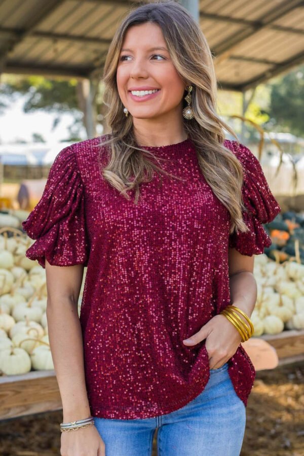 Burgundy Glittering Sequin Short Bubble Sleeve Blouse