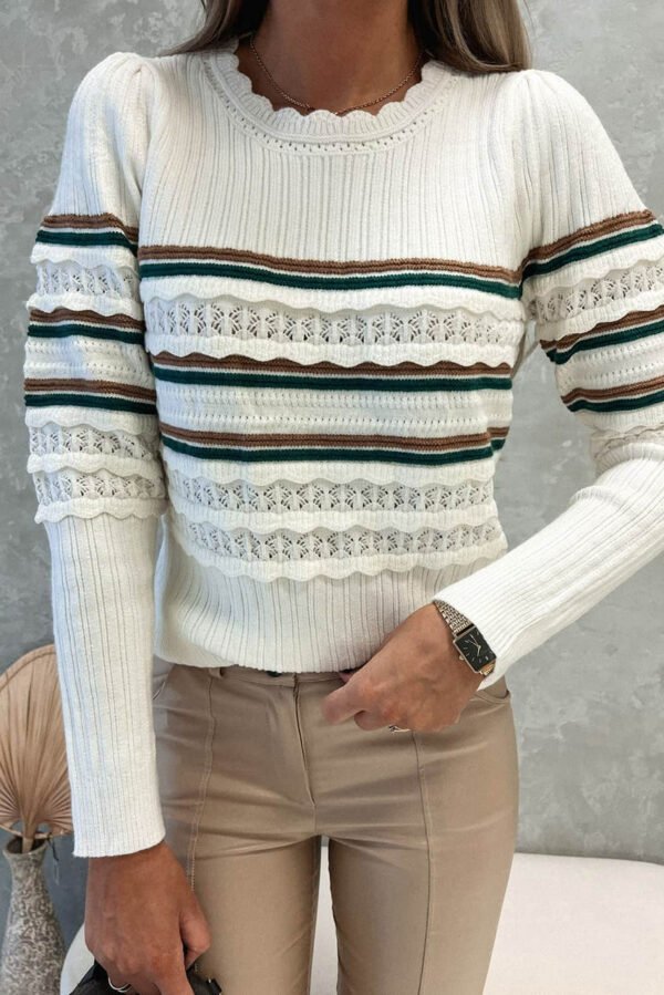 White Striped Ribbed Scalloped Detail Knit Sweater