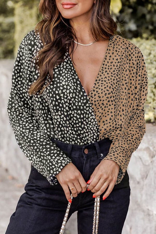 Spliced Leopard Print Wrap Long Sleeve Bodysuit