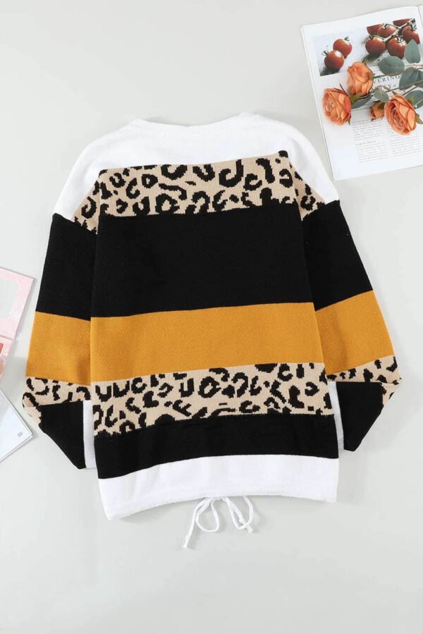 Orange Crewneck Leopard Color Block Knit Pullover Sweater