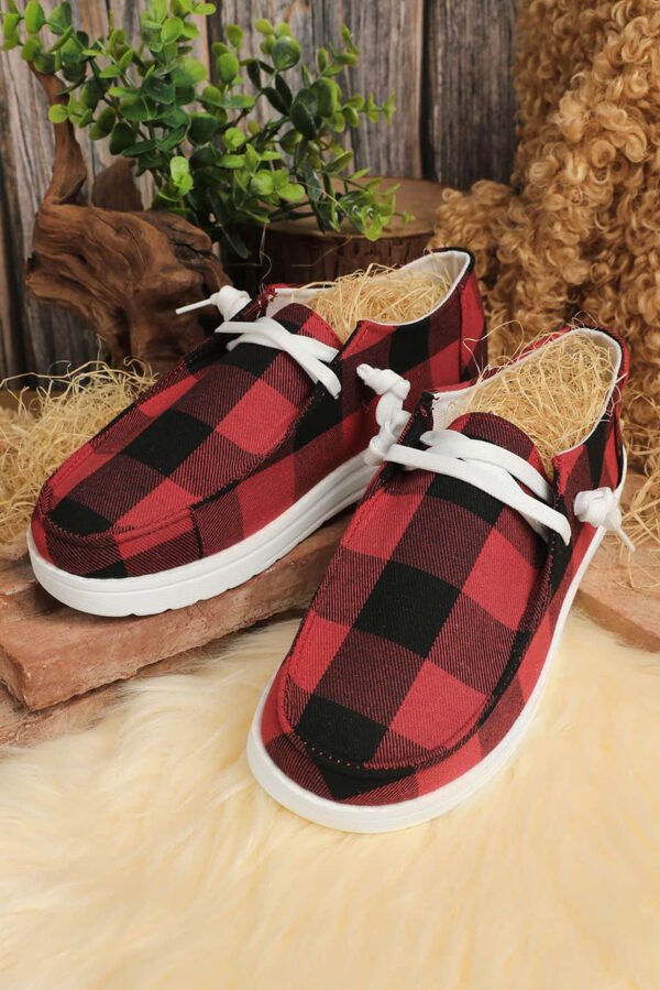 Red Vintage Plaid Lacing Decor Flat Shoes