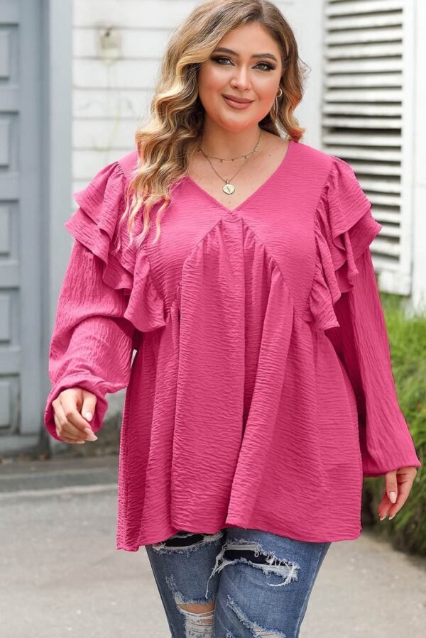 Pink Crinkle Ruffled V Neck Plus Size Blouse