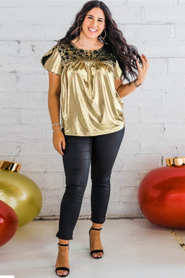 Gold Plus Size Floral Embroidered Short Sleeve Top