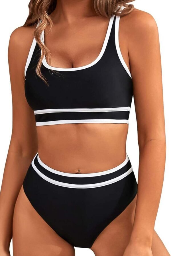 Black Contrast Trimmed U Neck High Waist Bikini