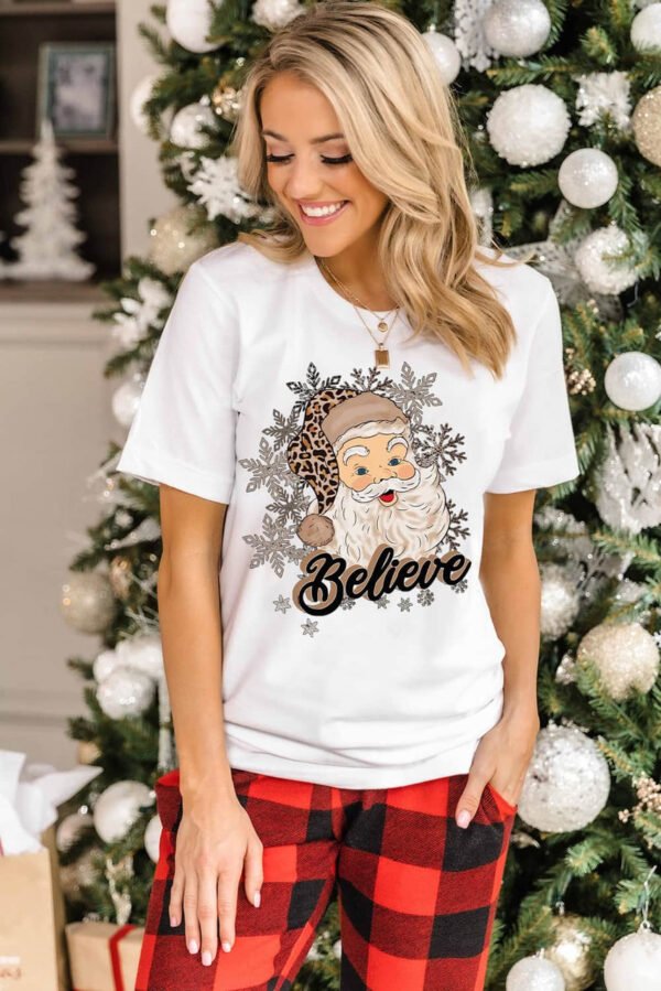 White Believe Santa Claus Snowflake Print Crew Neck T Shirt