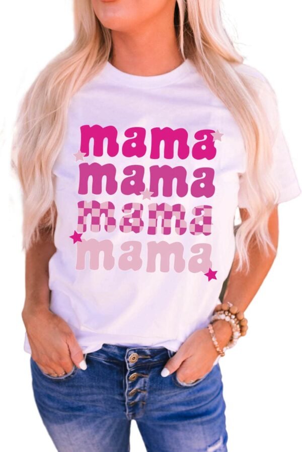 White Round Neck mama Graphic Casual Tee