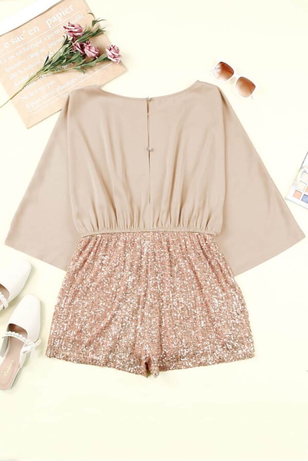 Khaki Sequin Patchwork Drawstring High Waist Romper