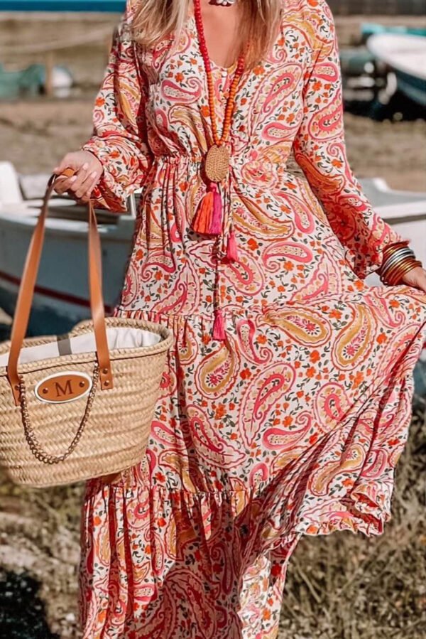 Orange Boho Holiday Paisley Print Tiered Long Sleeve Maxi Dress